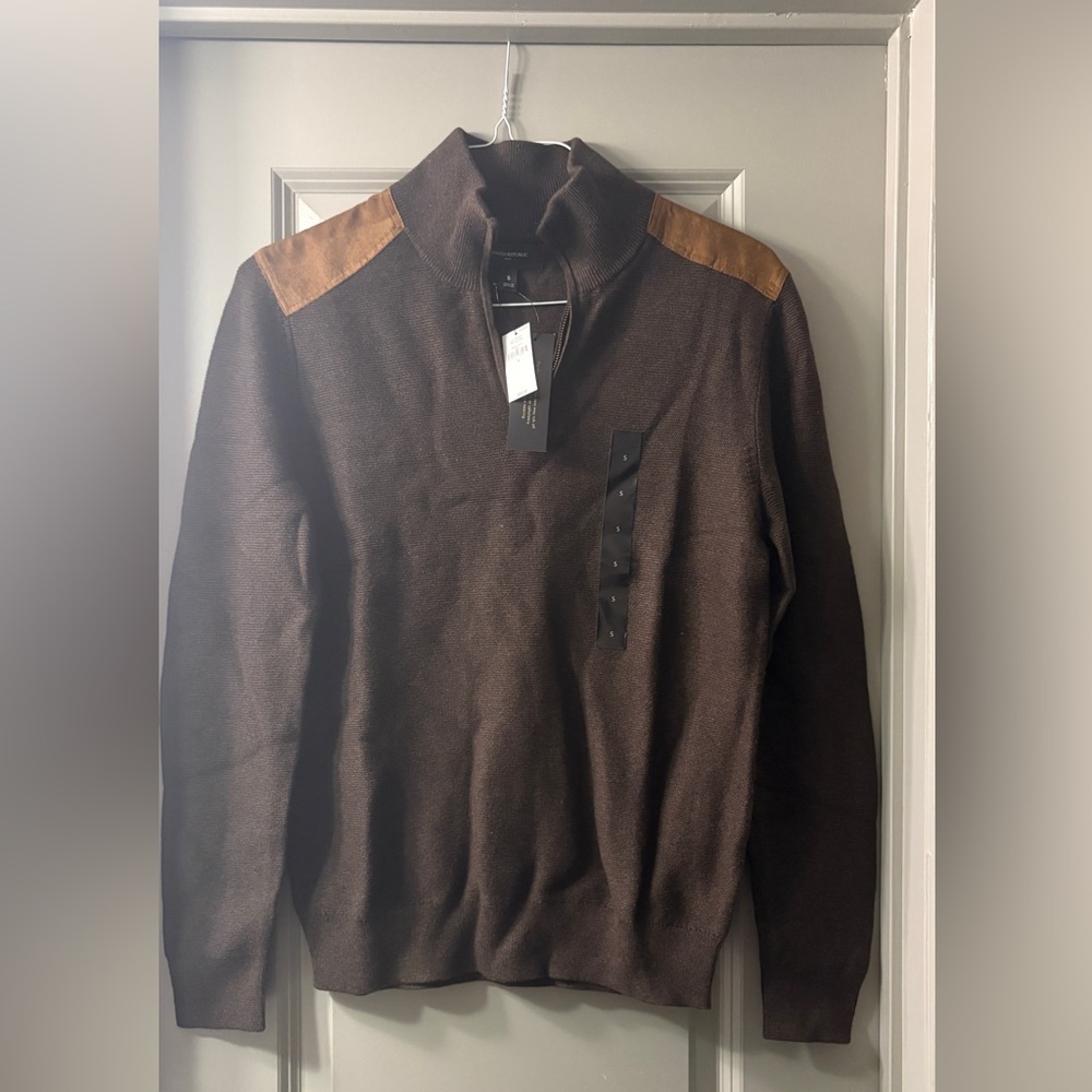 Banana Republic Chocolate Quarter-zip Sweater with Camel Patches